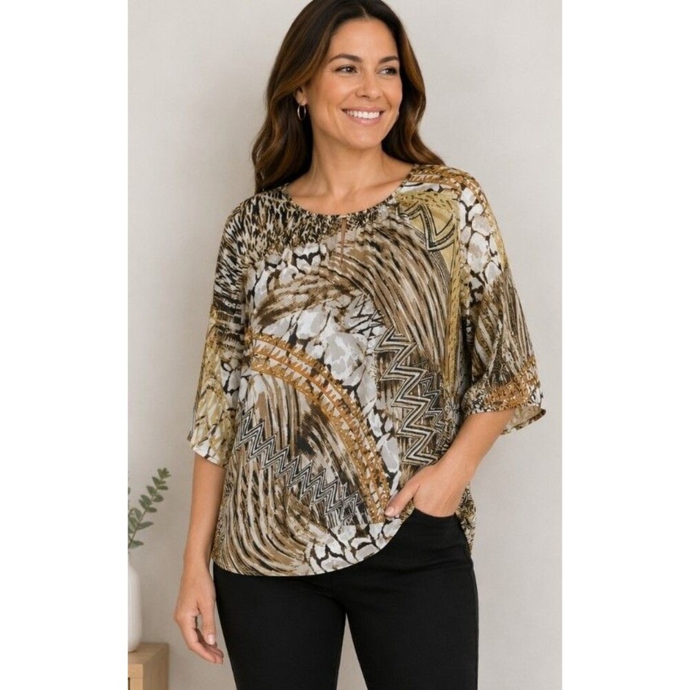 CHICOS Womens 3/XL Animal Abstract Short Dolman Sleeve Black Brown Smocking Top